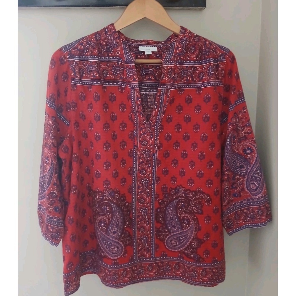 J. Jill Free Spirit Paisley Popover Tunic Top Size Large Boho Work Cotton